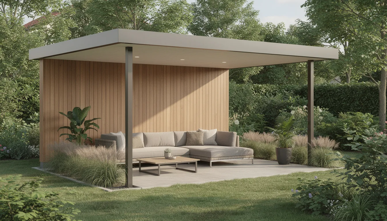 Een modern overdekt terras met wandbekleding overkapping van houten wandpanelen in een warme houtlook, compleet met een comfortabele loungebank, omringd door een groene tuin. Dit terras biedt een ideale plek om te ontspannen, zelfs bij slechte weersomstandigheden.