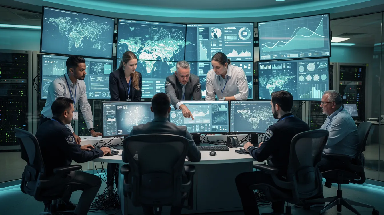 A group of security professionals collaborates around multiple monitors in a modern operations centre, focusing on cyber security measures to protect critical national infrastructure from cyber attacks. This teamwork highlights the importance of resilience in safeguarding sensitive data and ensuring the security of UK businesses against growing threats from organised crime groups and hostile states.