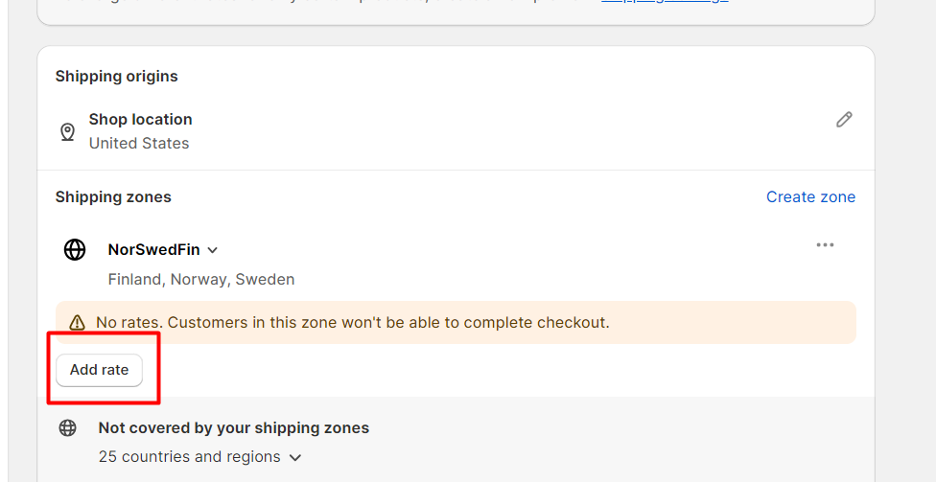 Shopify dashboard - Shipping and delivery settings - Adding a rate for the new shipping zone - Step 1