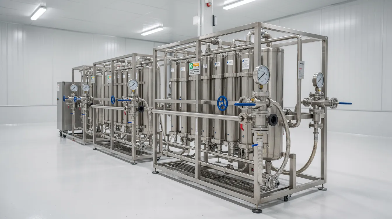 The image depicts industrial membrane filtration skids equipped with pressure gauges and extensive piping, all situated within a food-grade clean room environment. This setup is essential for processes in the whey protein manufacturing plant, ensuring high-quality whey protein production while adhering to regulatory compliance standards.
