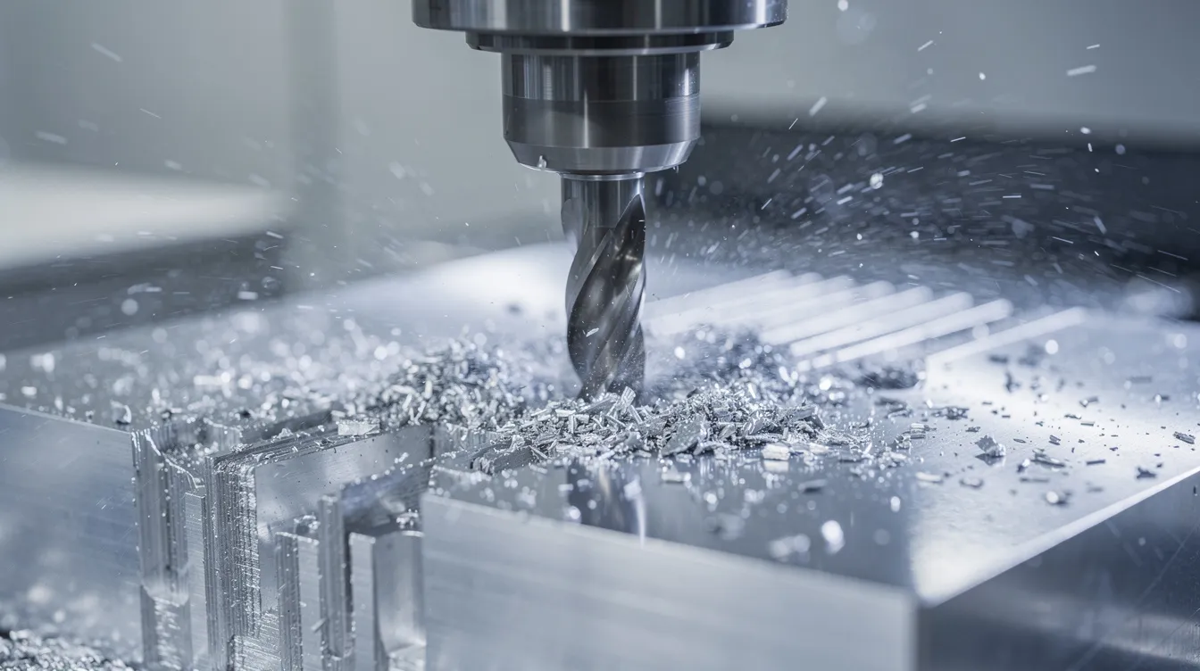 The image shows a close-up view of a CNC milling machine actively cutting into a solid block of aluminum, with a visible spray of coolant to manage heat. This subtractive manufacturing process highlights the precision involved in creating CNC machined parts, showcasing the machine's ability to produce complex shapes with tight tolerances.