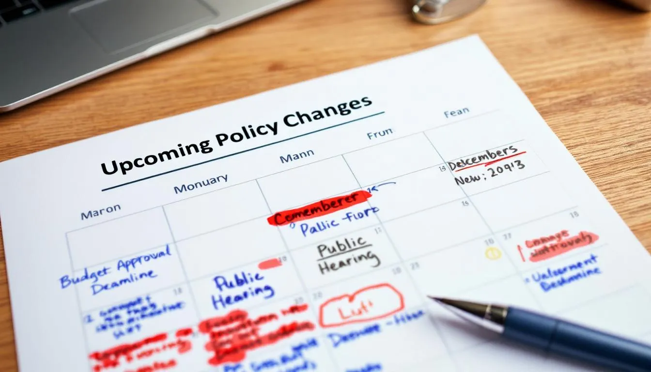 The image depicts a calendar filled with important dates and upcoming policy changes related to statutory sick pay (SSP), including deadlines for eligible employees to claim back payments and adjustments to company sick pay schemes. Key dates highlight the rules for sickness absence and statutory maternity pay, ensuring employers stay compliant with government regulations.