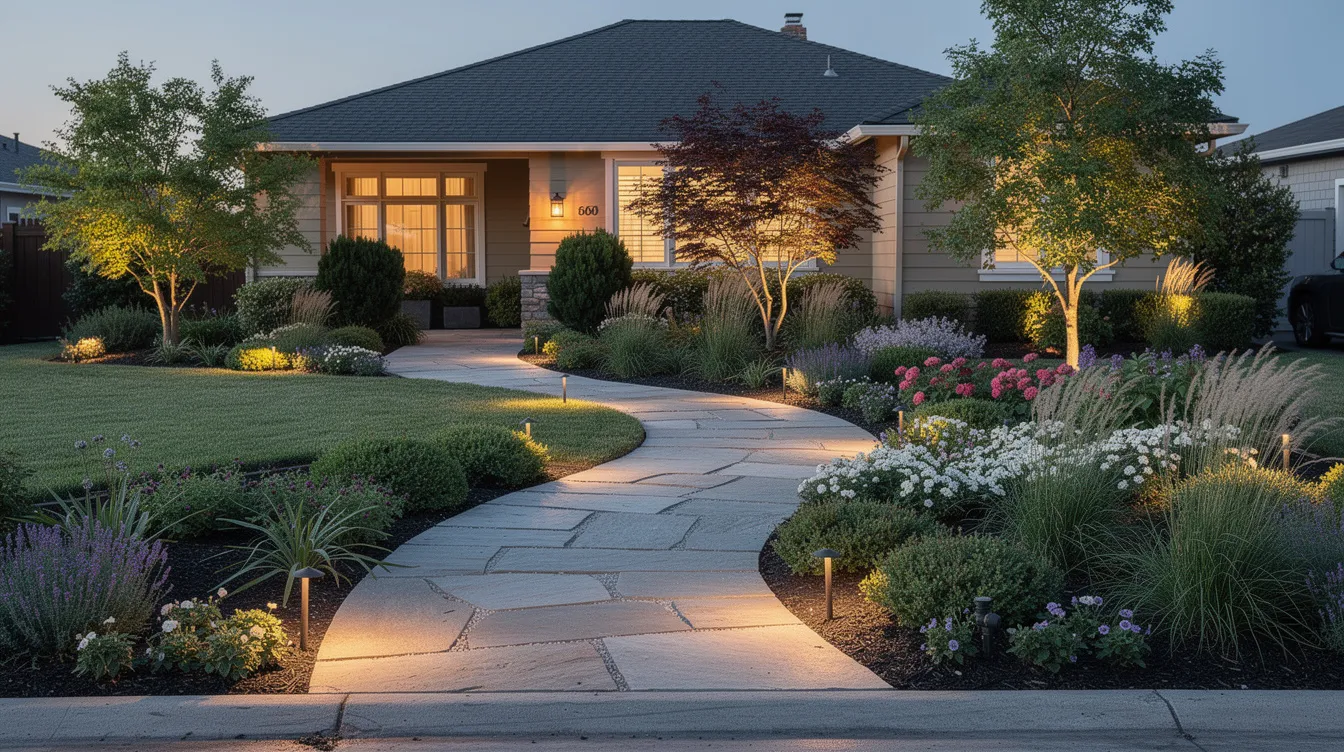 The image showcases a beautifully designed front yard, featuring layered plantings of various shrubs and trees, a stone walkway that guides the eye through the landscape, and soft accent lighting illuminating the space at dusk, creating an inviting and enjoyable outdoor area. This landscape design highlights the balance between natural elements and architectural features, making it an ideal project for enhancing curb appeal.