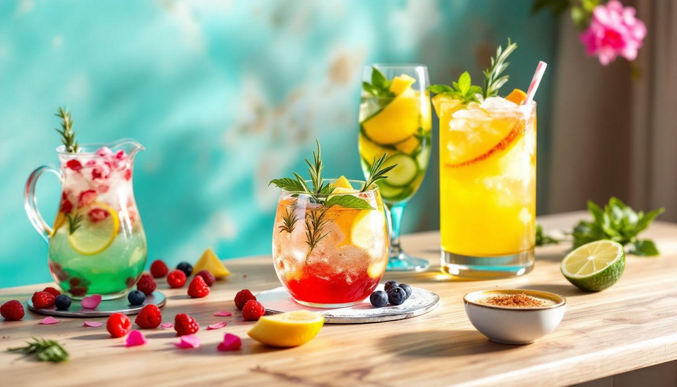 A variety of non-alcoholic spirits and cocktails displayed at a stylish bar.