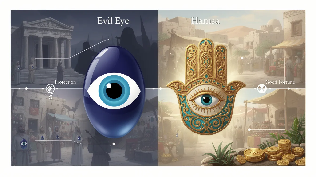 The image depicts various charms and jewellery featuring the hamsa hand and the evil eye, symbols widely recognized in many cultures for their protective properties against bad luck and misfortune. These common symbols, often found in the form of necklaces and earrings, are believed to bring good fortune and ward off evil, representing a rich history and cultural significance across different societies.