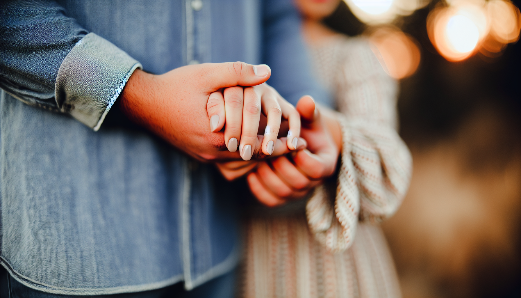 A close-up of a couple holding hands