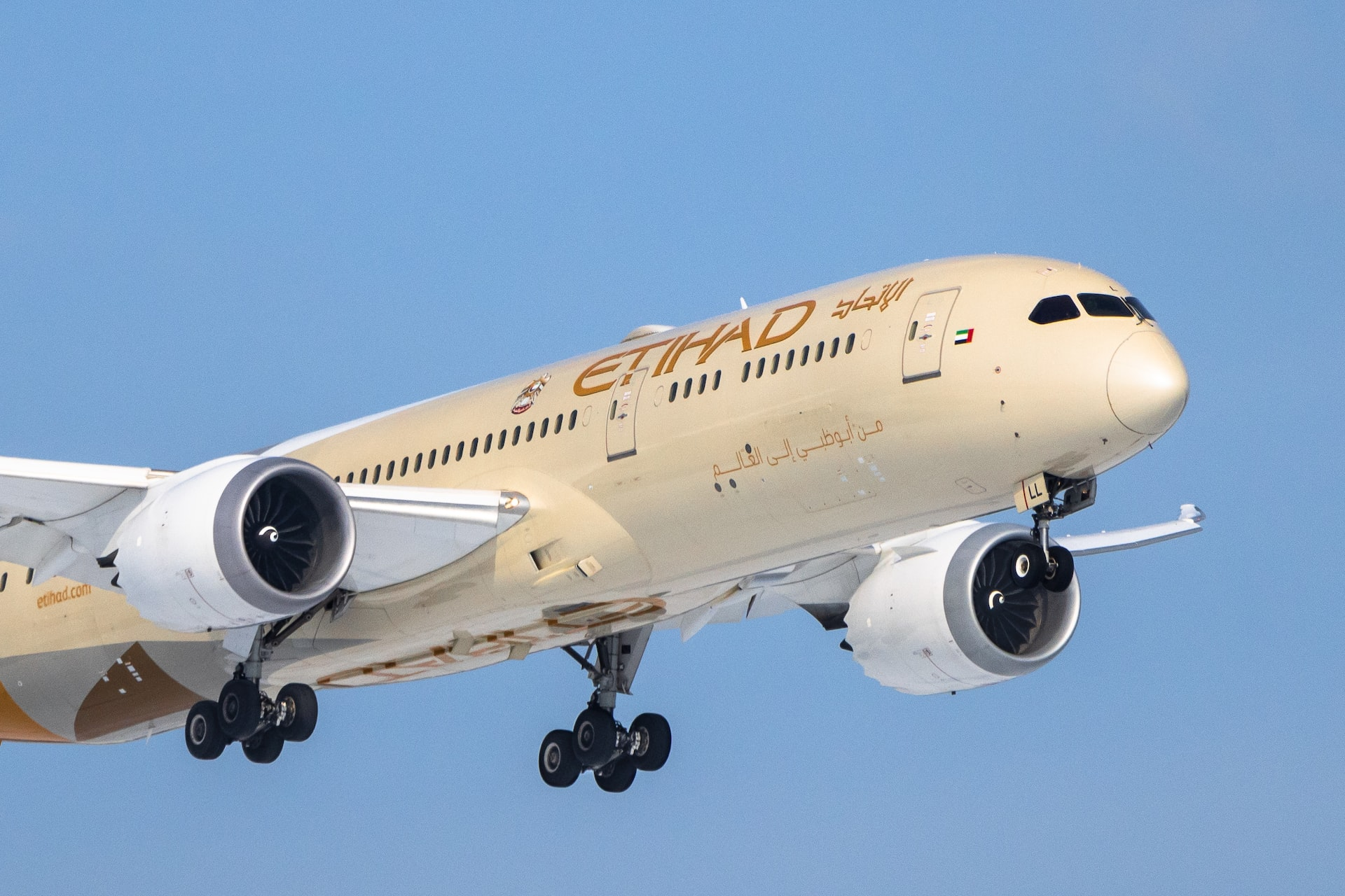 Etihad Airways aircraft in flight. Best airline to work for as a flight attendant.