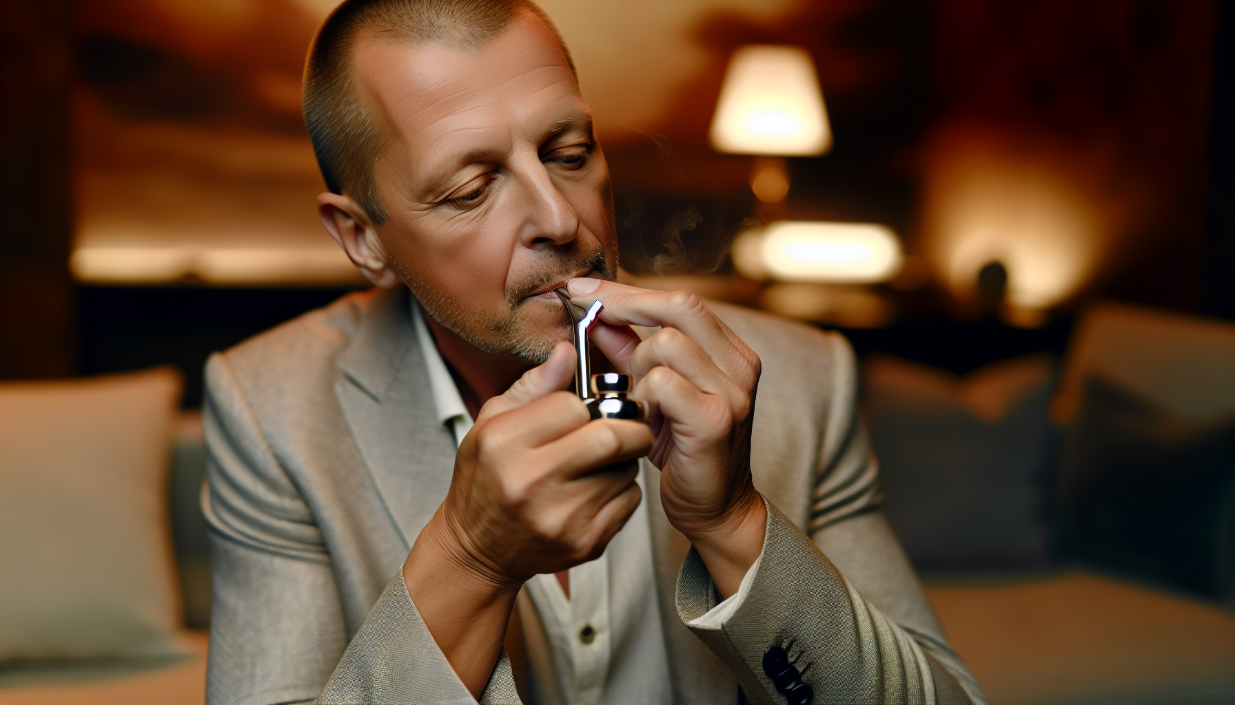 A person inhaling from a joint holder, experiencing a cooler and smoother smoke