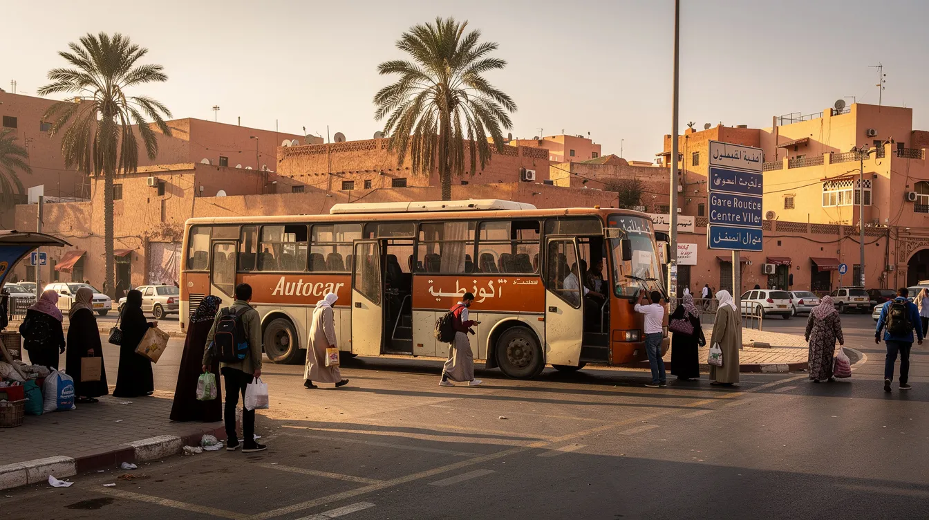 A imagem mostra um ônibus de transporte público em Marrocos, com passageiros a bordo, em uma rua movimentada de Casablanca. Ao fundo, é possível ver a arquitetura típica da cidade, refletindo a rica tradição marroquina.