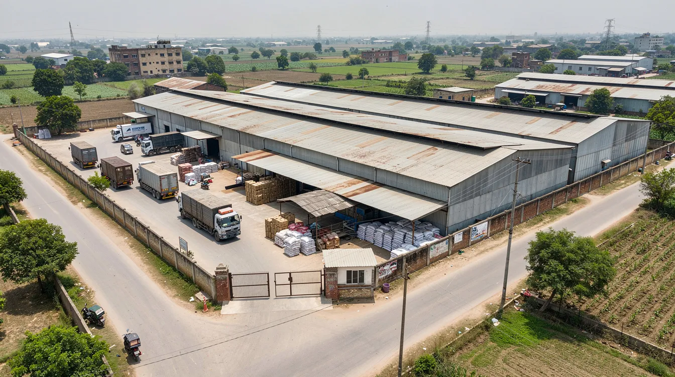 An aerial view showcases a medium-sized food processing factory in a semi-rural Indian industrial area, featuring metal sheds, loading trucks, and an open storage yard surrounded by a boundary wall. This facility likely supports the poha manufacturing business, processing raw paddy into flattened rice flakes to meet local demand.