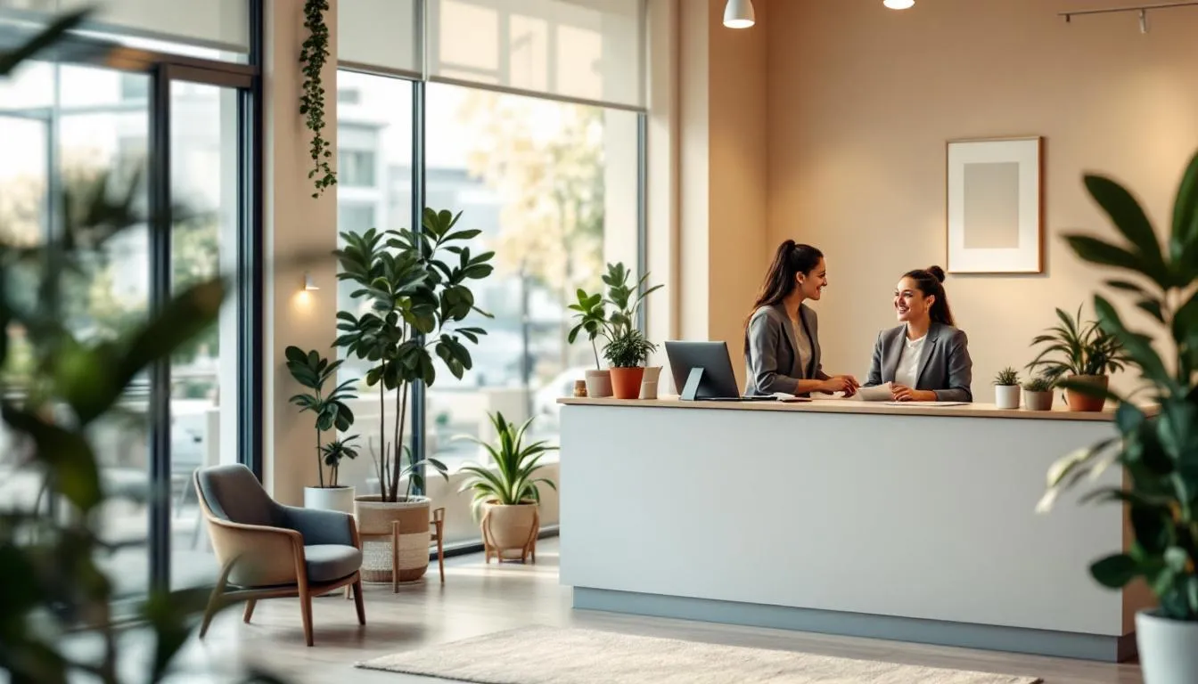 A warm and inviting factoring staffing company office features comfortable seating, bright lighting, and friendly staff ready to assist clients. The environment reflects a professional yet approachable atmosphere, ideal for discussing staffing solutions and invoice factoring services to improve cash flow for staffing companies.