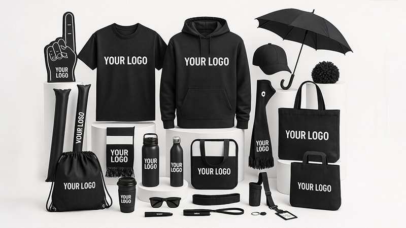 Assorted branded corporate gifts: t-shirt, hoodie, tote, bottles and umbrella display
