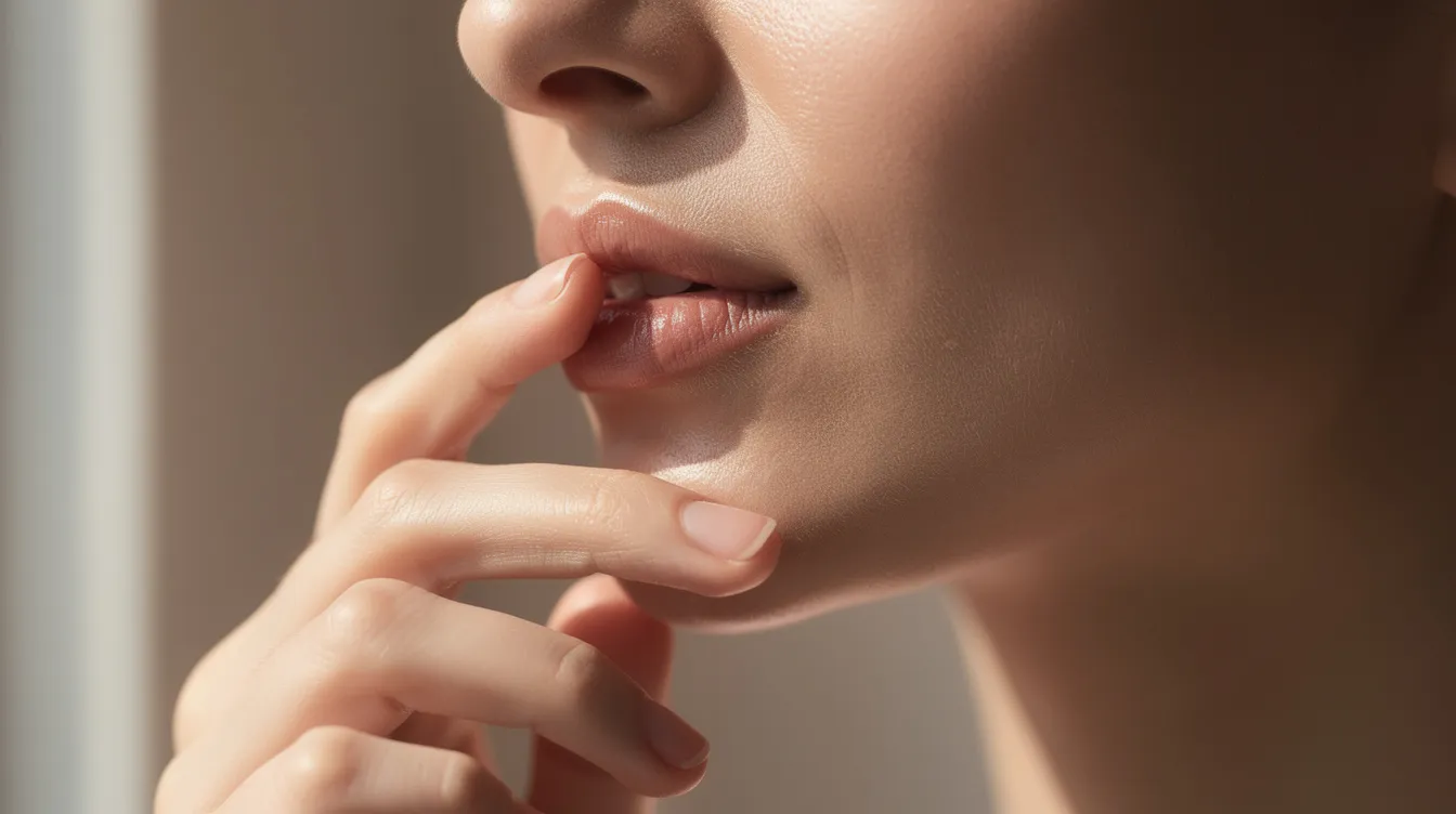 A close-up of a woman gently touching her lips in soft natural lighting, showcasing her fuller lips after a lip filler treatment. The image captures the initial swelling stages and the tender healing process following lip filler injections, highlighting the natural-looking results of the procedure.