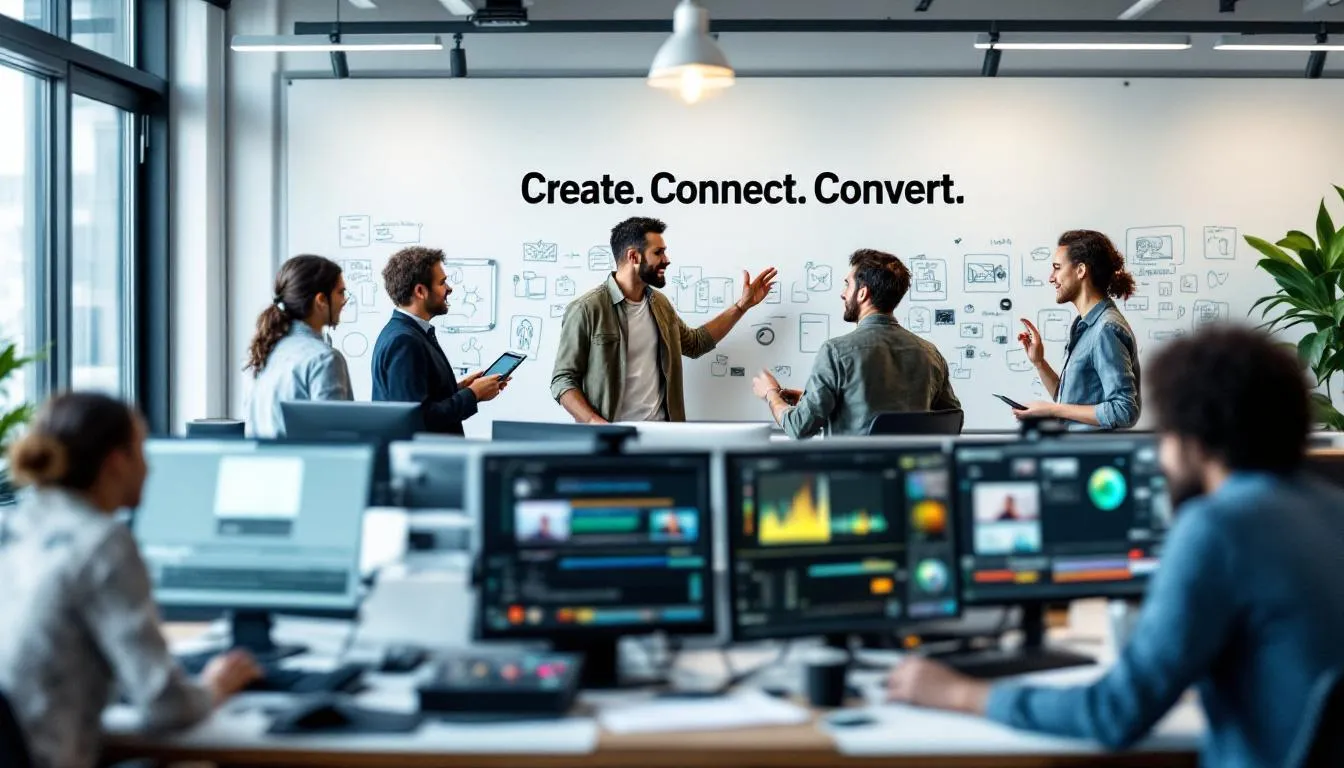 The image depicts a dynamic team of creative professionals in a modern office setting, collaborating on an integrated campaign for ambitious brands. They are engaged in discussions around audio and visual assets, showcasing their creativity and innovative strategies to build brands that resonate with customers and drive growth.