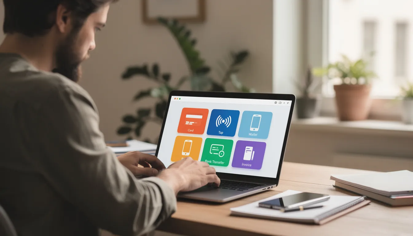 A small business owner is seated at a desk, reviewing various payment options displayed on their laptop screen, which features icons for different payment methods. This scene emphasizes the importance of selecting the right payment gateway to facilitate online transactions and enhance customer satisfaction.