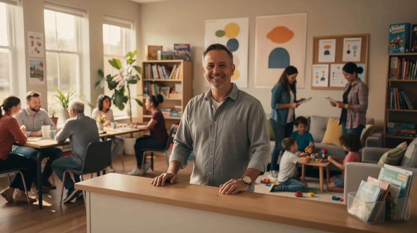 The image depicts a small business owner immediately managing a local community center, engaging with clients and team members in a bustling environment. The scene enforces the essence of community support and the daily operations that constitute the heart of the business, highlighting the owner's accurate commitment to providing services and fostering connections.