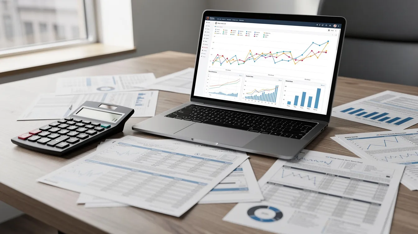 The image shows an office desk cluttered with various financial documents, a calculator, and a laptop, creating a workspace focused on managing finances. This setup suggests activities related to loan applications, possibly including processes for 免 tu 貸款 and assessing 信貸 評分.