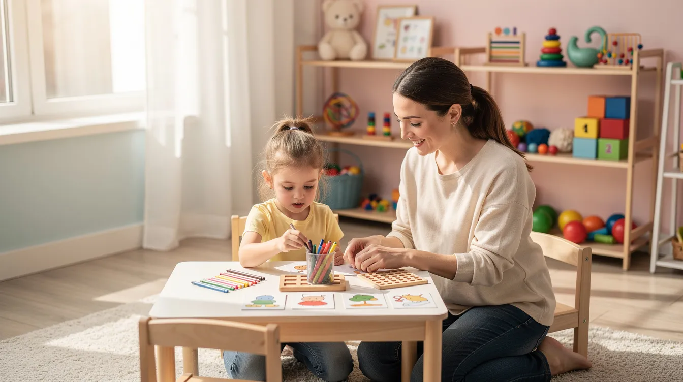 The image depicts a child engaging in educational therapy with a professional in a bright and calm therapy room filled with colorful materials. This supportive environment is designed to help children address their learning gaps and develop cognitive skills through tailored interventions.