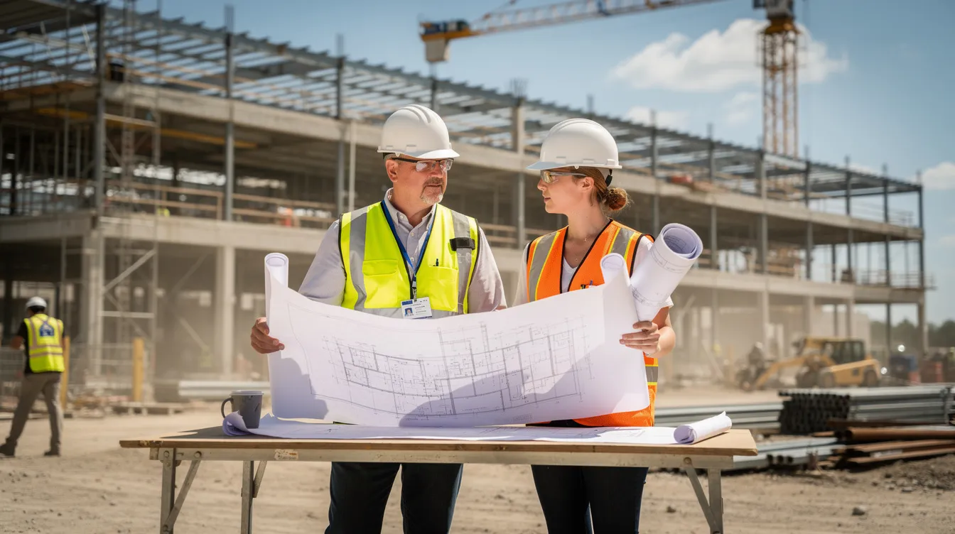 Two construction professionals, both wearing hard hats, are closely examining blueprints together on a bustling commercial job site, highlighting the teamwork essential in the construction industry. This scene reflects the hands-on learning and on-the-job training that are vital components of a construction apprenticeship program.