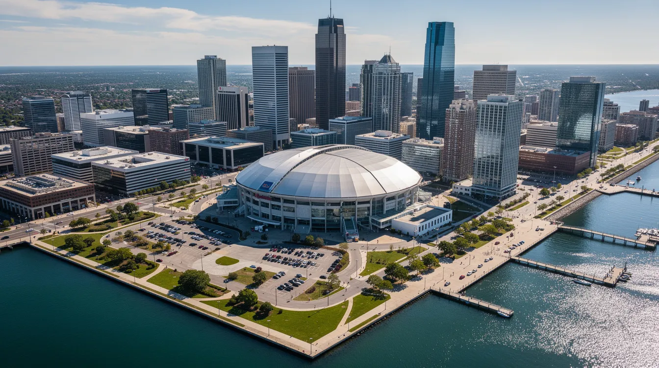 An aerial view showcases a vibrant North American city skyline, featuring a large modern sports stadium prominently located near the waterfront, which is set to host matches for the FIFA World Cup 2026. The scene captures the essence of an urban environment preparing for a global tournament, with the stadium symbolizing excitement for the upcoming event.