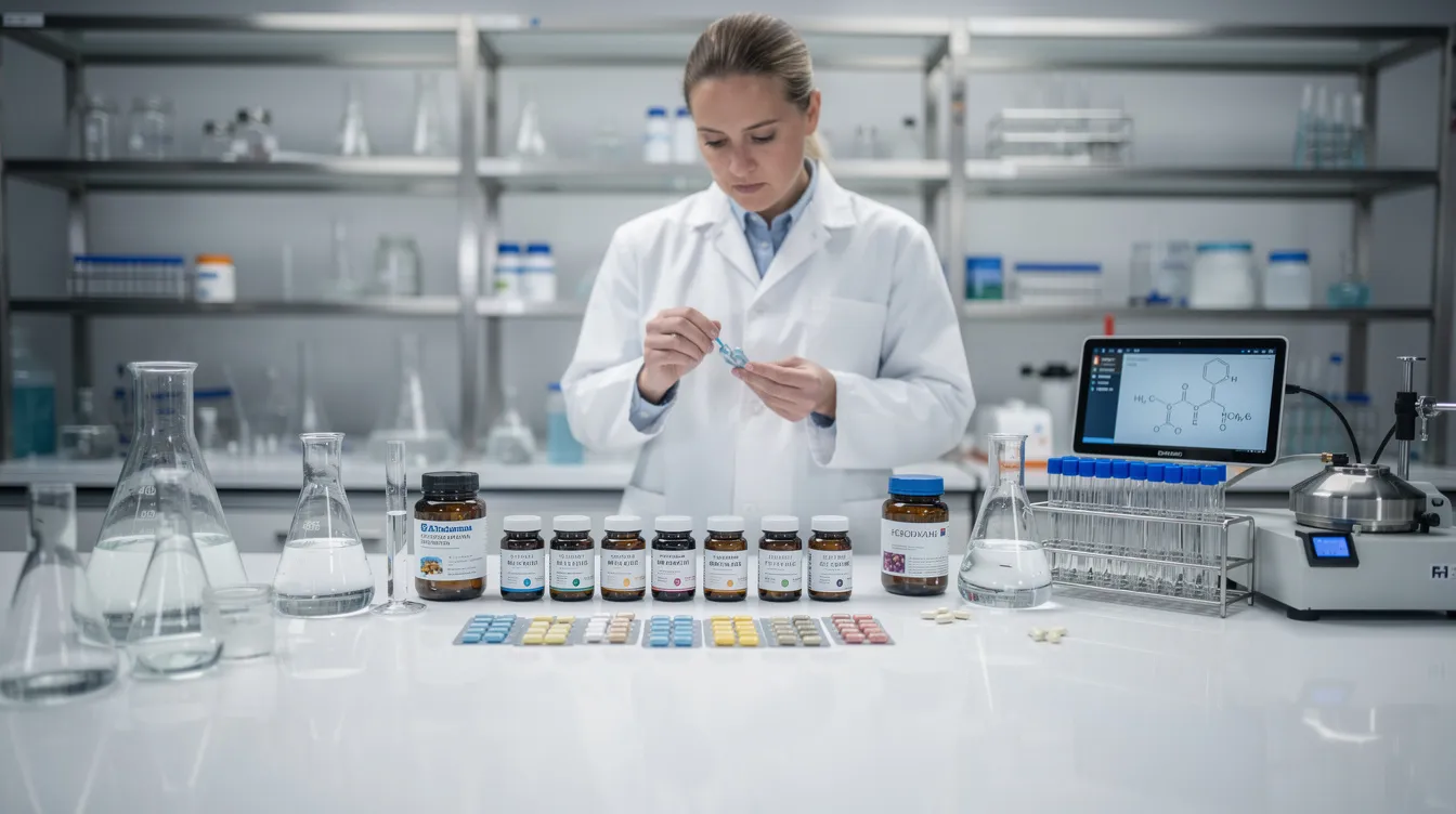 A person in a laboratory setting is meticulously examining various supplements alongside scientific equipment, exploring the cellular and molecular mechanisms related to biological aging and promoting longevity. This scene highlights the importance of lifestyle choices in maintaining muscle mass and cognitive function, key aspects in reversing age-related diseases and promoting a healthier life.