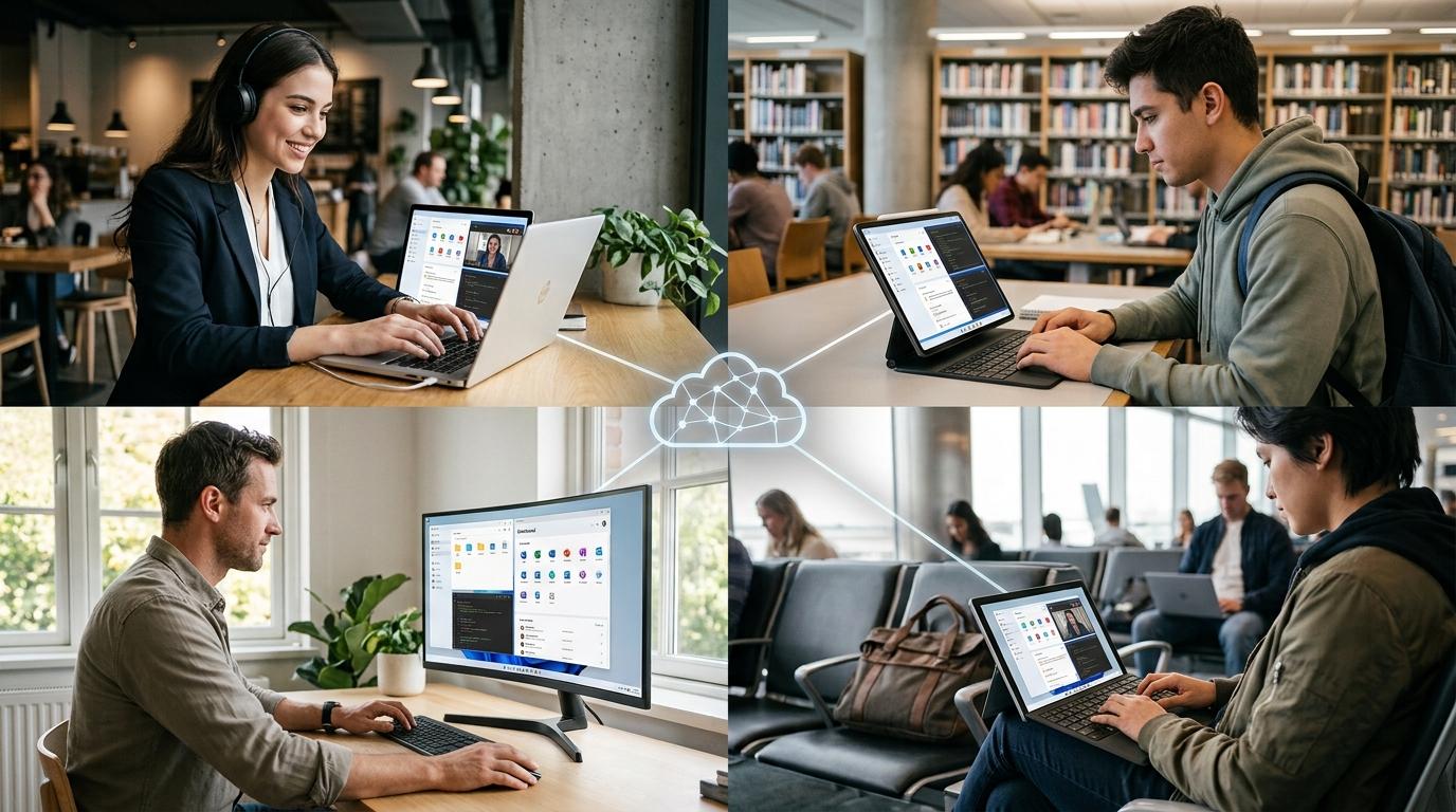 Students and professionals connecting to cloud-powered virtual workspaces from different locations and devices, emphasizing seamless deployment and accessibility.