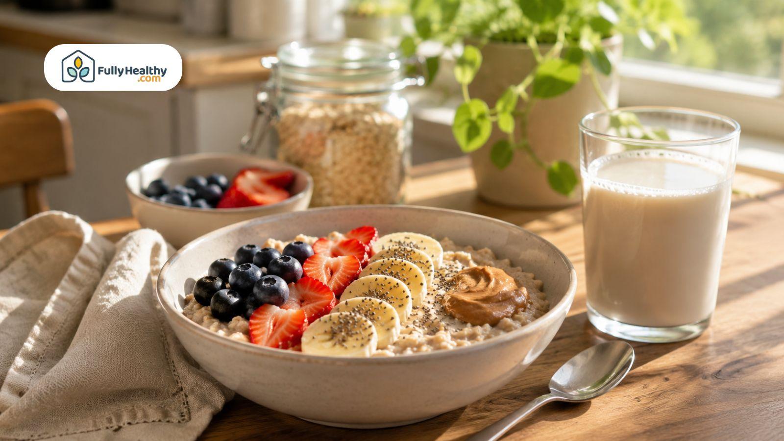 Oatmeal topped with fruit beside a glass of dairy-free plant-based milk.