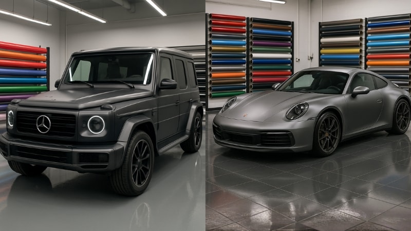 Comparison of SUV and a sports car wrapped with vinyl sheets.