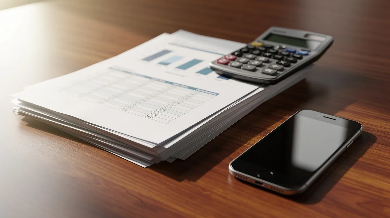 a86abd9f 63cf 40d7 8220 0d1a44e144ab The image shows a stack of business documents alongside a calculator and a mobile phone on a wooden desk, suggesting a workspace focused on financial matters, such as applying for mudra loans or managing loan amounts for small finance banks. The arrangement signifies preparation for processing loan applications or reviewing business accounts and funding details.