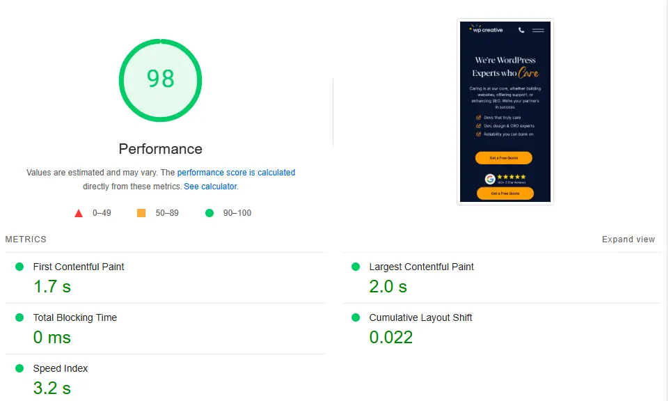 Core web vitals of WP Creative