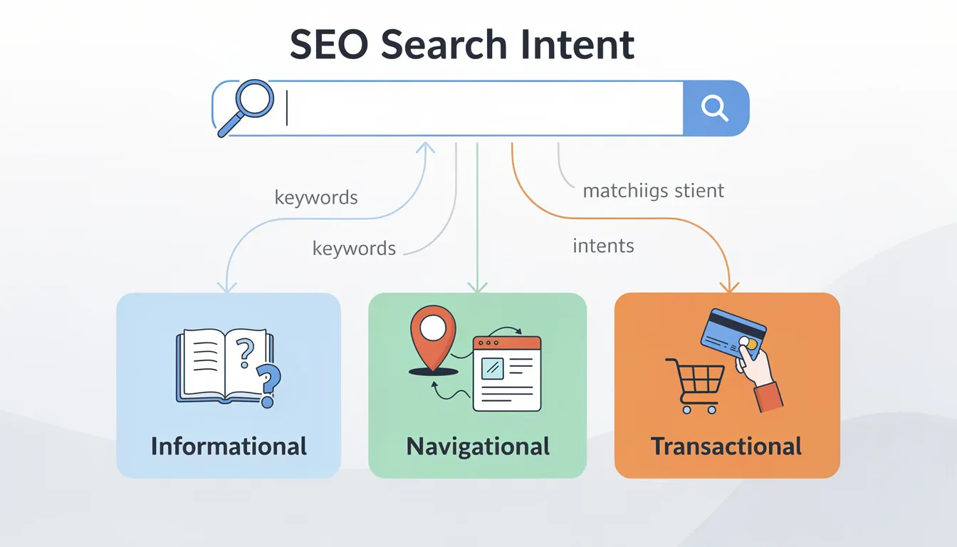 An informative graphic illustrating the concept of search intent, highlighting its importance in search engine optimization (SEO) and content creation. It emphasizes how understanding user search queries can enhance SEO strategies, improve search engine rankings, and drive organic traffic to web pages.