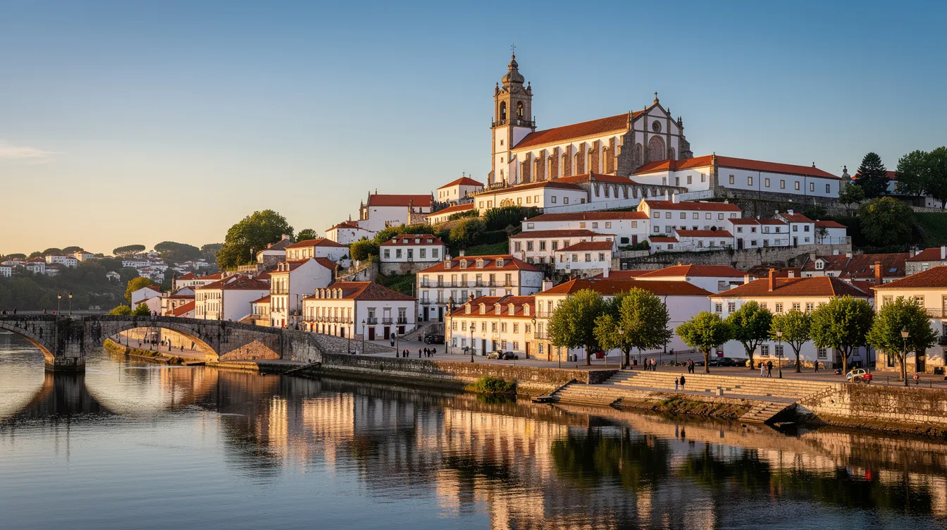 A imagem retrata a cidade de Coimbra, em Portugal, com suas ruas históricas e a majestosa Universidade de Coimbra ao fundo, situada às margens do Rio Mondego. O céu está limpo, refletindo a tranquilidade e a rica cultura da região, um destino popular para turistas e visitantes em busca de conhecimento e tradição.