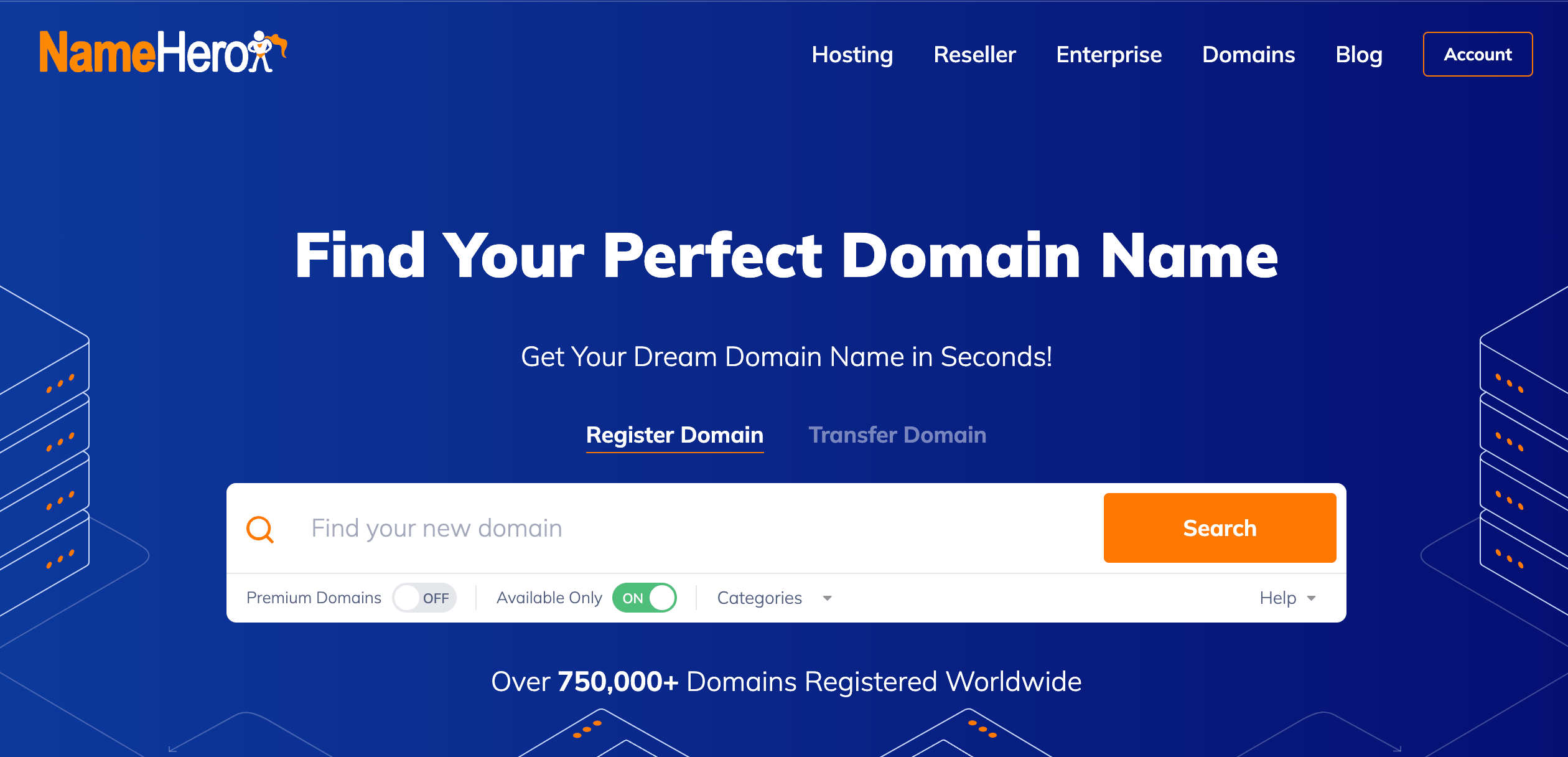 NameHero's domain registration services landing page.