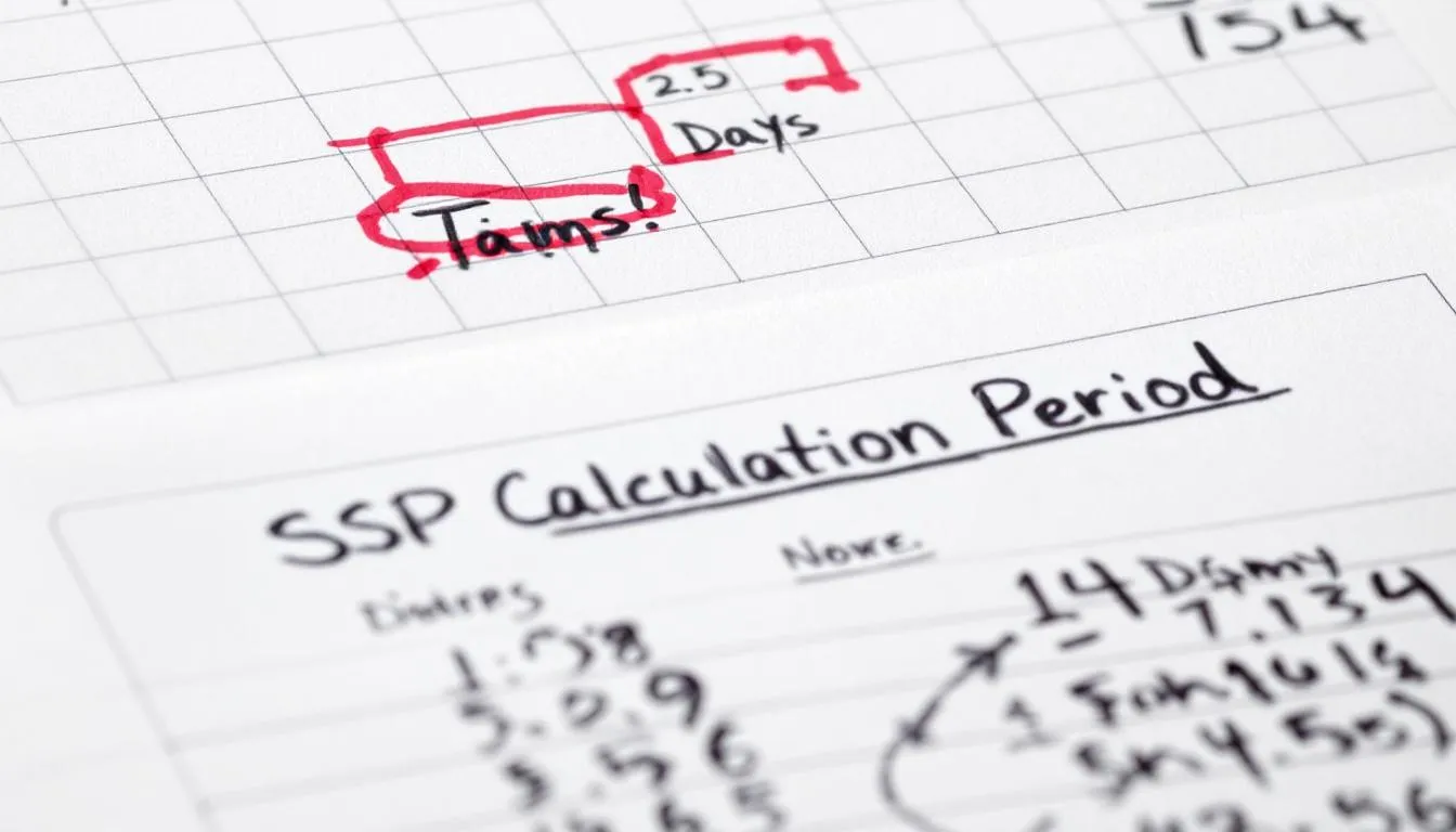 The image depicts a calendar marked with specific sick days and highlights the statutory sick pay (SSP) calculation period, emphasizing the importance of understanding eligibility criteria and the rules for claiming SSP payments. It serves as a visual guide for employers and employees to track sickness absence and ensure compliance with statutory payments.