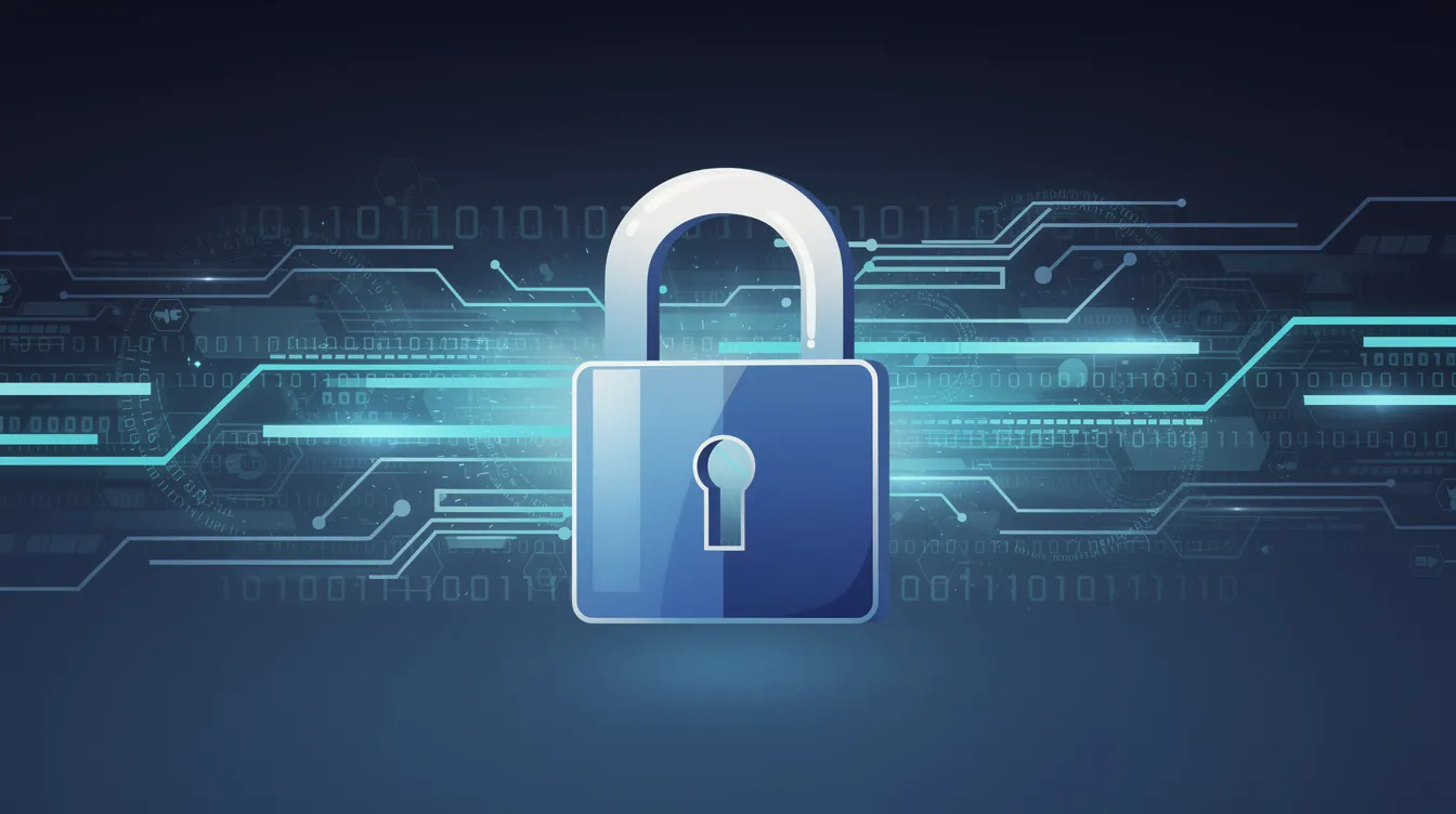 Ein digitales Schloss-Symbol, umgeben von einer dynamischen Datenstrom-Visualisierung, symbolisiert Sicherheit und Schutz bei der Nutzung von KI.