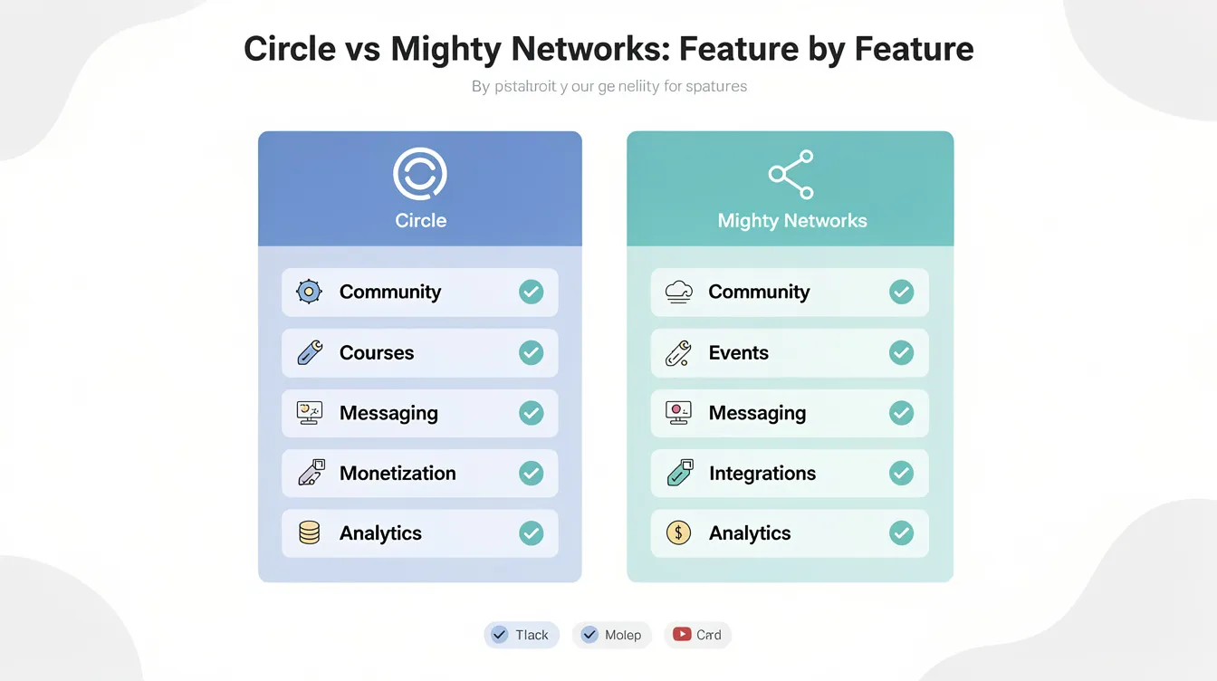 The image compares the features of Circle and Mighty Networks, highlighting their strengths in community building and engagement tools. It illustrates how both platforms cater to community members through various plans, including professional and enterprise options, while emphasizing their unique offerings like Mighty Networks' course builder and Circle's community spaces.