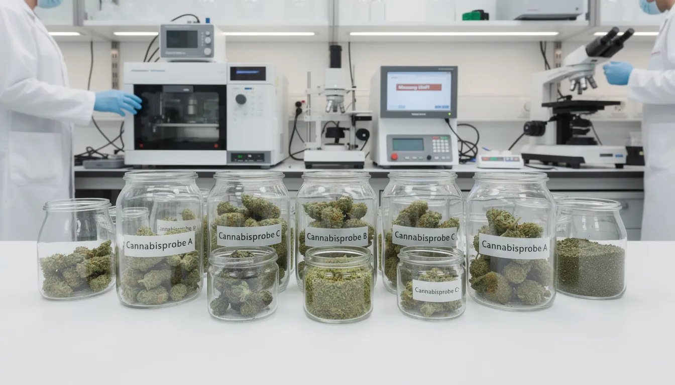 Das Bild zeigt eine Laborumgebung, in der Cannabisproben in Glasgefäßen aufbewahrt werden, umgeben von verschiedenen Analysegeräten. Diese Umgebung ist entscheidend für die Untersuchung der Eigenschaften von Cannabinoiden wie THCA und THC sowie deren Umwandlungsprozesse.