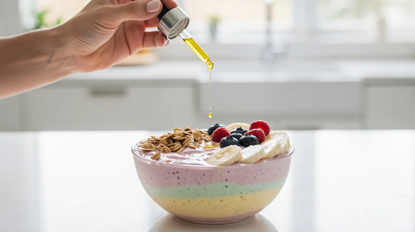 A person is carefully adding drops of a CBD oil tincture from a dropper into a vibrant morning smoothie bowl on a kitchen counter, showcasing the integration of hemp-derived CBD products into a healthy breakfast. The scene highlights the use of liquid extracts to enhance the smoothie while promoting potential health benefits.