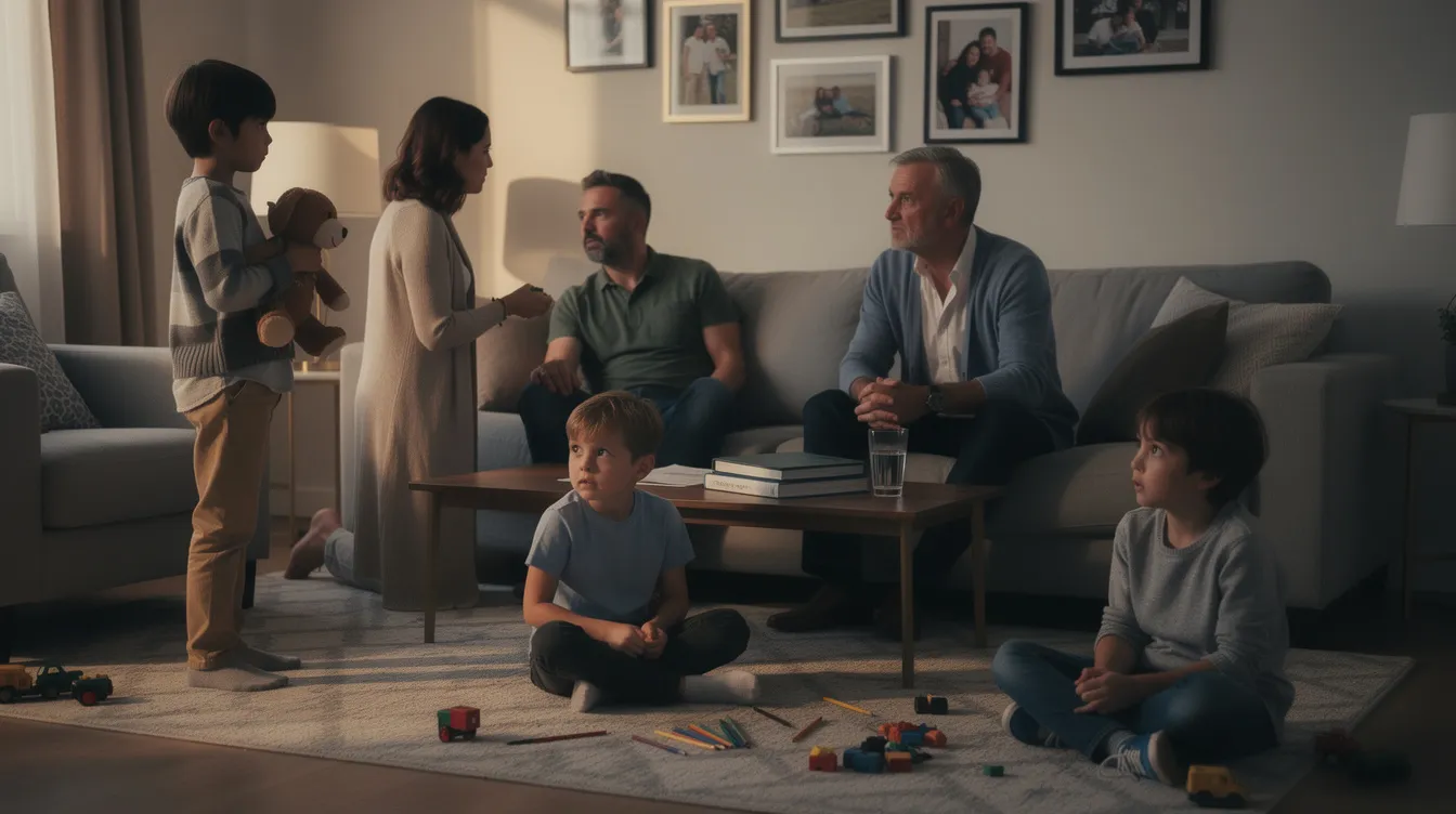The image depicts a couple in the midst of a serious conversation about their divorce, with their children present, highlighting the emotional turmoil of the situation. The scene emphasizes the importance of healthy communication and support during this challenging life-altering decision for the family.