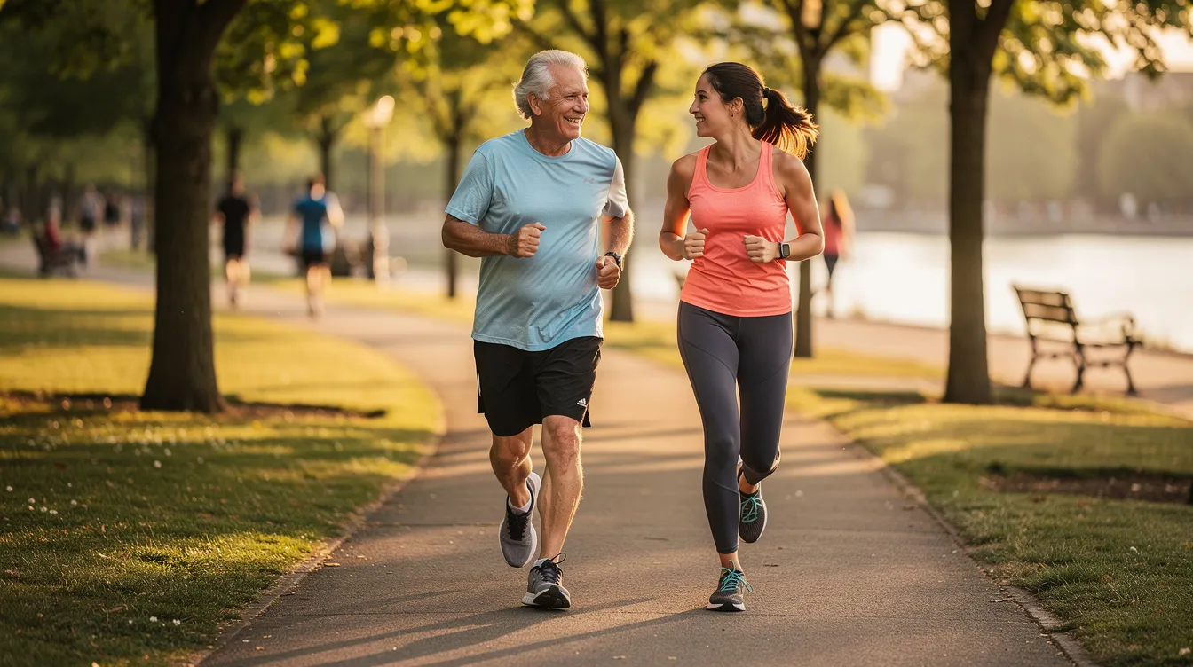 An older adult and a younger person are jogging together in a park, promoting brain health and cognitive function through physical activity. This image reflects the importance of staying active for maintaining mental performance and supporting overall brain function as people age.