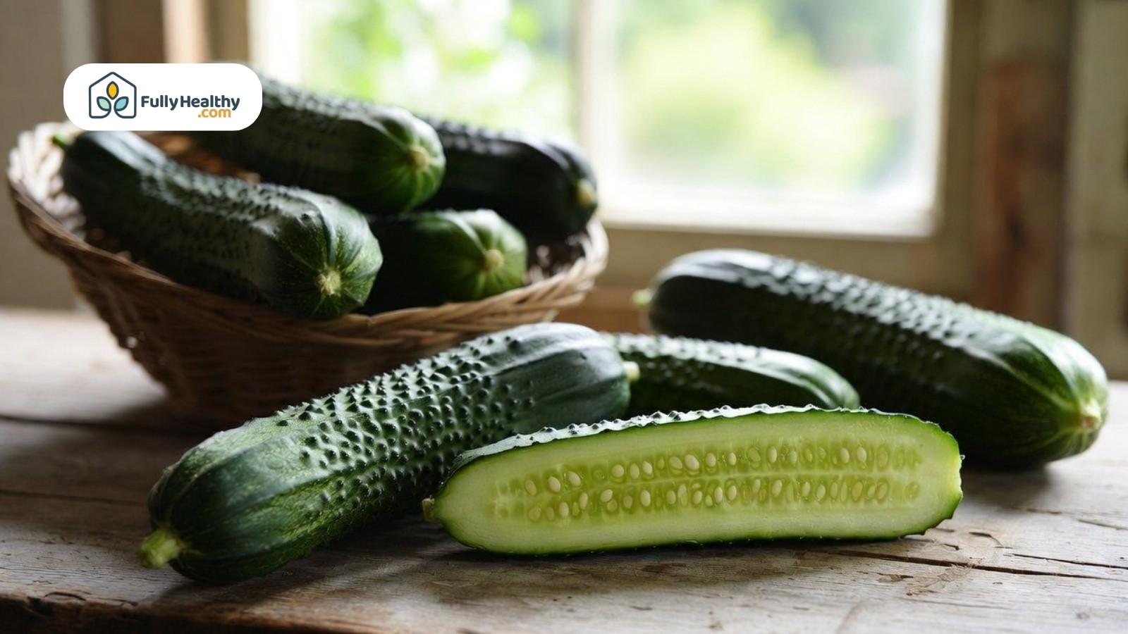 Fresh cucumbers in basket on rustic table, one cut open showing seeds