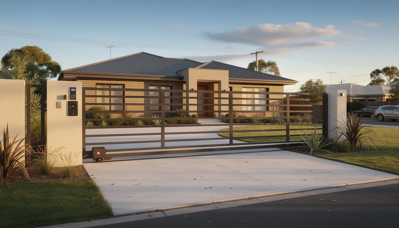The image depicts a modern automatic sliding gate opening smoothly on a residential driveway in suburban Melbourne, showcasing a stylish design that enhances the street appeal of the property. This installation exemplifies quality workmanship and security, ideal for homeowners looking to upgrade their entry system with automatic gates.