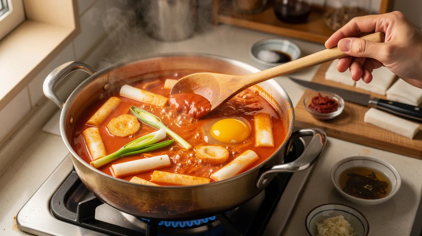 The image depicts a traditional stovetop cooking process for tteokbokki, showcasing chewy rice cakes simmering in a thick, spicy gochujang sauce alongside fish cakes, vegetables, and ramen noodles. This popular Korean street food is known for its rich flavors and is often enjoyed as a late-night snack.