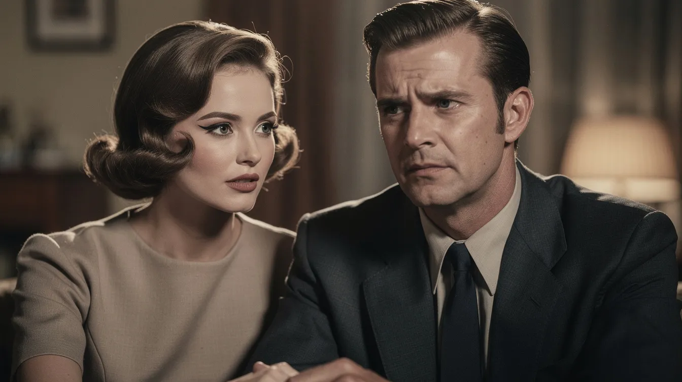 Das Porträt zeigt eine elegante Frau im Stil der 1960er Jahre, die anmutig in die Kamera blickt, während ein nachdenklicher Mann neben ihr steht. Die emotionale Spannung zwischen den beiden Personen erinnert an die Werke von Jean-Luc Godard und das Drama "Le Mépris", das die komplexen Beziehungen in der Filmindustrie thematisiert.