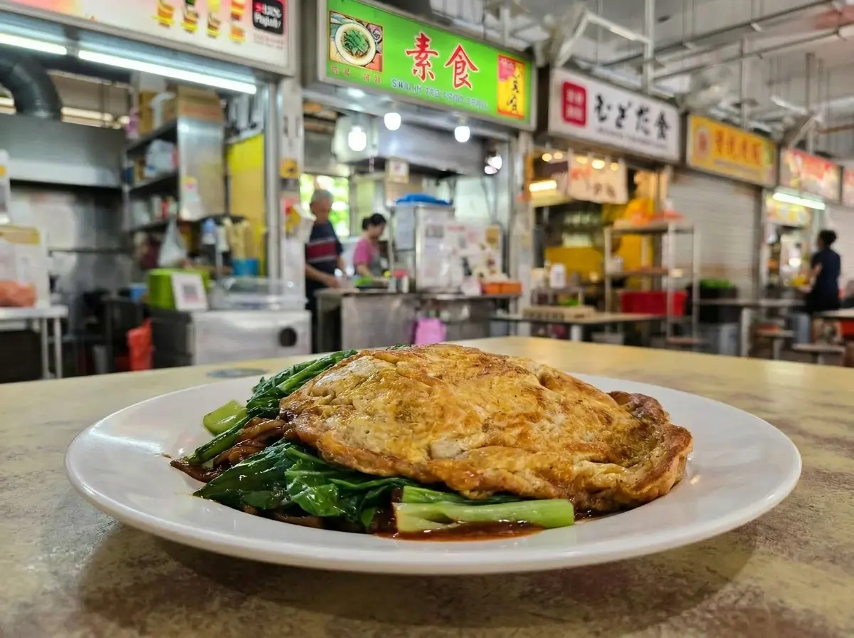 "A white plate of noodles topped with a large fried omelet and green vegetables on a table, with a green-signboard vegetarian food stall in the background."