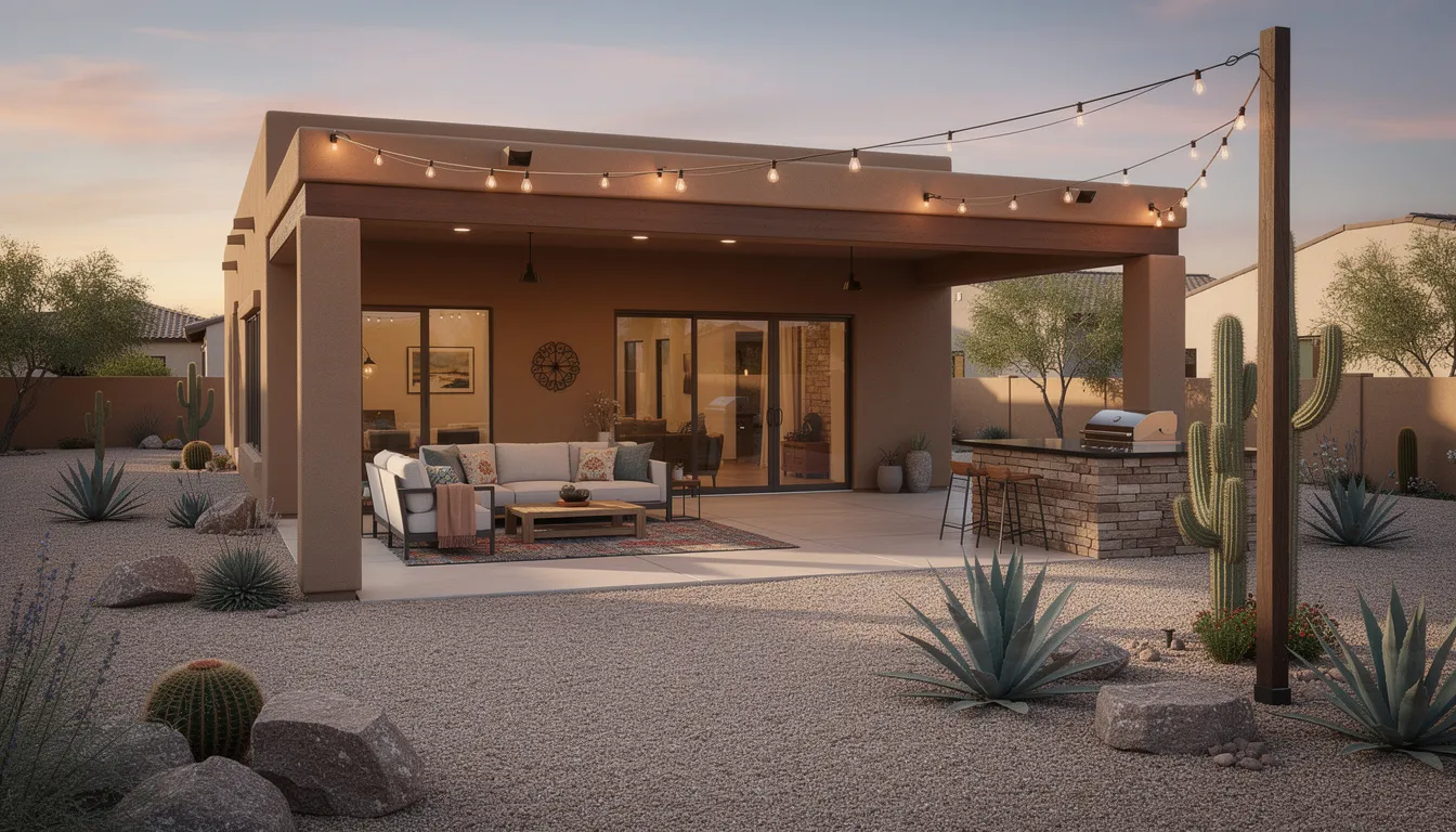 The image showcases an Arizona-style backyard featuring a covered patio, desert landscaping with various plants and shrubs, a built-in grill for outdoor cooking, and charming string lighting that enhances the outdoor space. This inviting backyard design serves as a perfect inspiration for homeowners looking to create their dream garden.