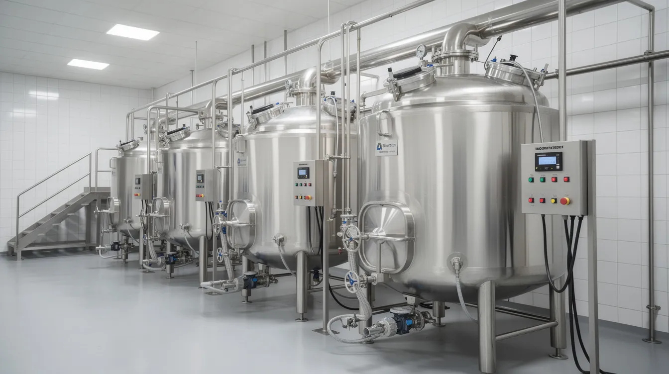 a87ba5ad 4d4f 4970 9866 0d47ec3a2911 The image depicts stainless steel ghee processing kettles inside a modern ghee manufacturing plant, showcasing the industrial environment of the dairy manufacturing facility. This setup highlights the ghee production process, essential for producing clarified butter while ensuring quality control and operational efficiency in the food processing industry.