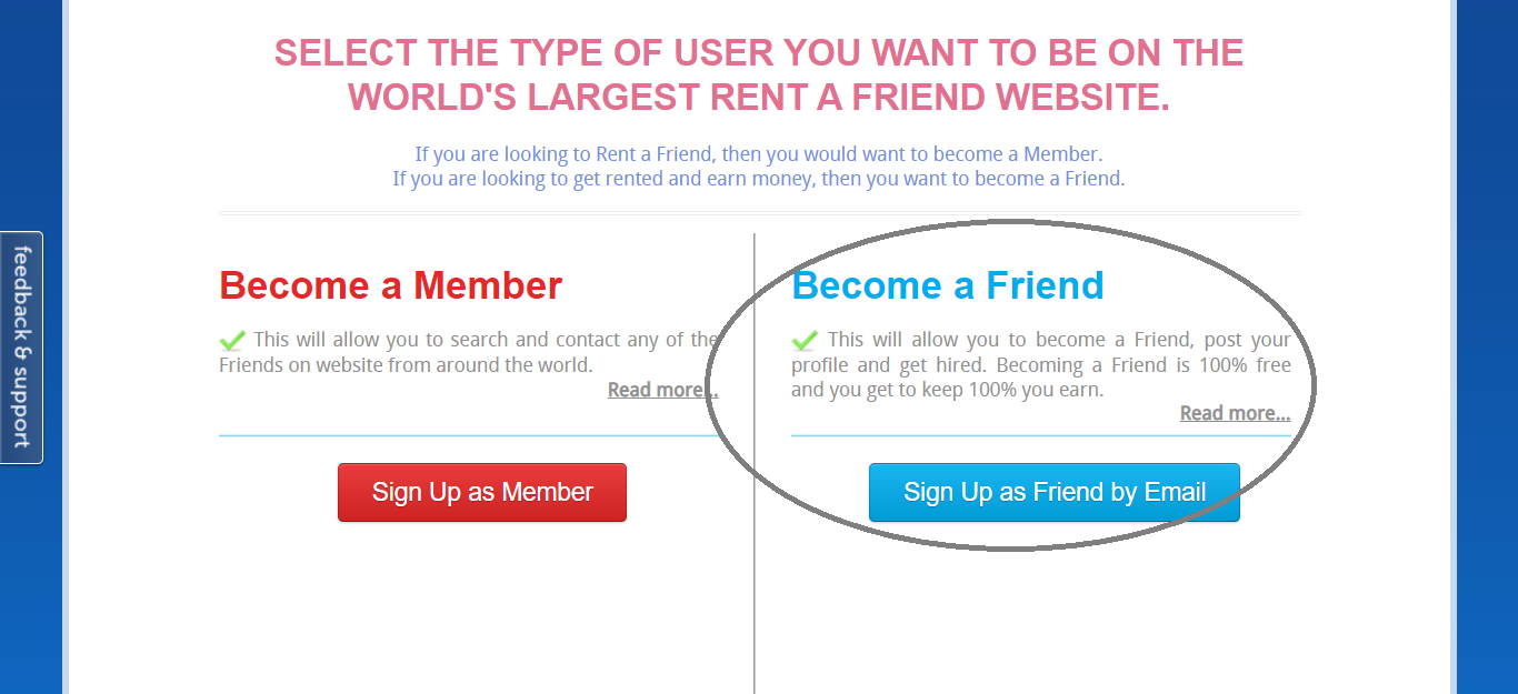 RentAFriend Sign up process