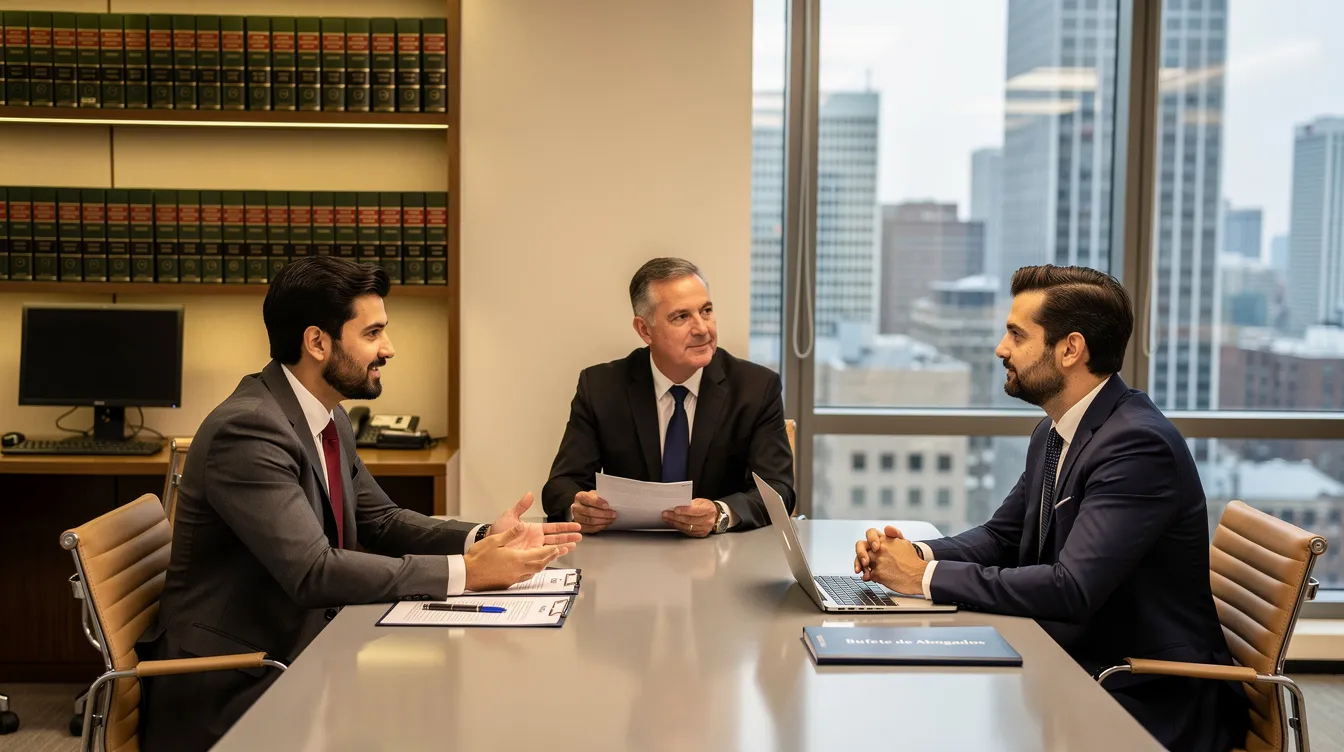 The image shows a professional meeting between attorneys and a client in an office setting, where they discuss legal matters related to accidents, particularly focusing on accidents de auto en Houston. The atmosphere is serious yet supportive, reflecting the attorneys' commitment to represent the victims of accidents and guide them through the complexities of their cases.