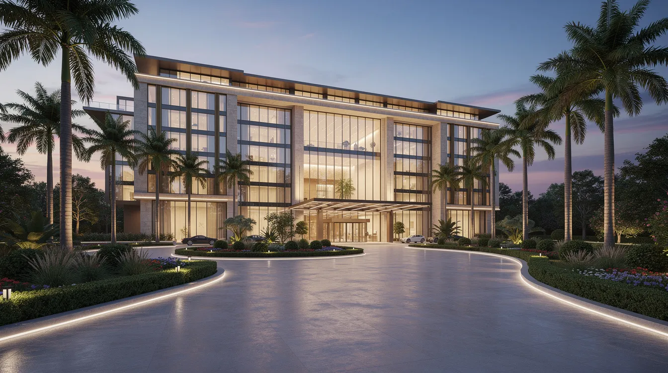 The image depicts a modern luxury hotel exterior, elegantly illuminated at dusk, showcasing a beautifully landscaped driveway that enhances its grandeur. This setting exemplifies the upscale nature of the hospitality industry, reflecting the significant hotel construction costs associated with creating a five-star hotel experience.